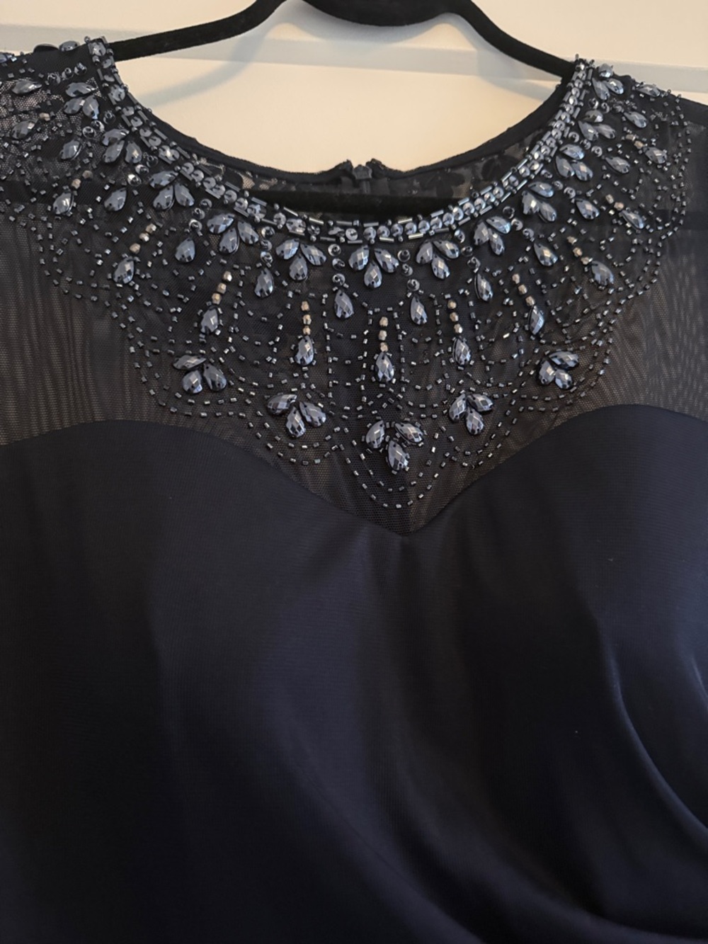 Alex Evenings Navy Beaded Mesh Midi Dress with Sheer Sleeves - Picture 2 of 5